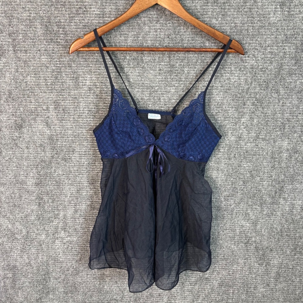 Vintage Y2K Sheer Lace Camisole Top Navy Blue Chiffon Babydoll Lingerie Style
